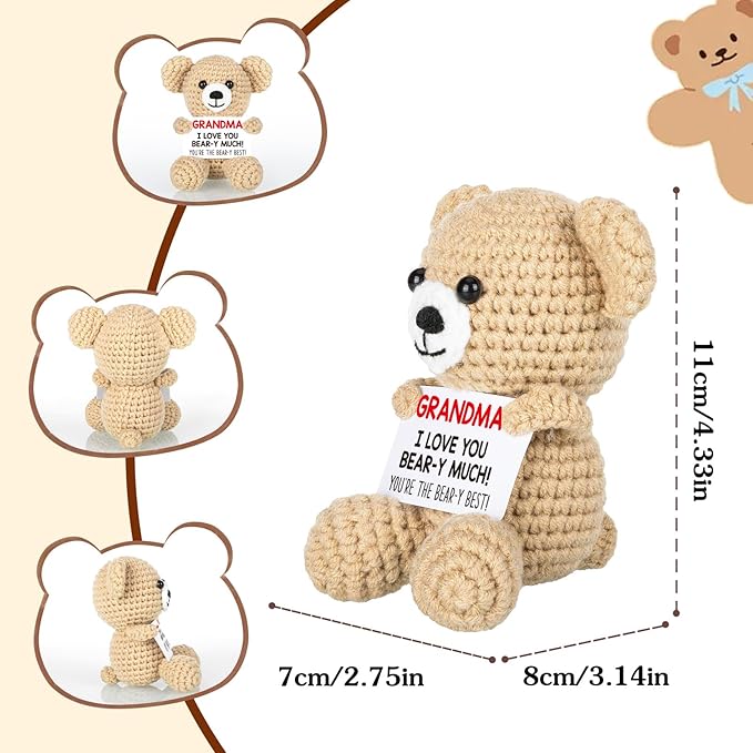 WELLBANEE Mothers Mom Day Gifts for Grandma, Bear Birthday Gifts for Grandma from Granddaughter Grandson Grandkids, Nana Gigi, I Love You Handmade Emotional Positive Crochet Bear Decor