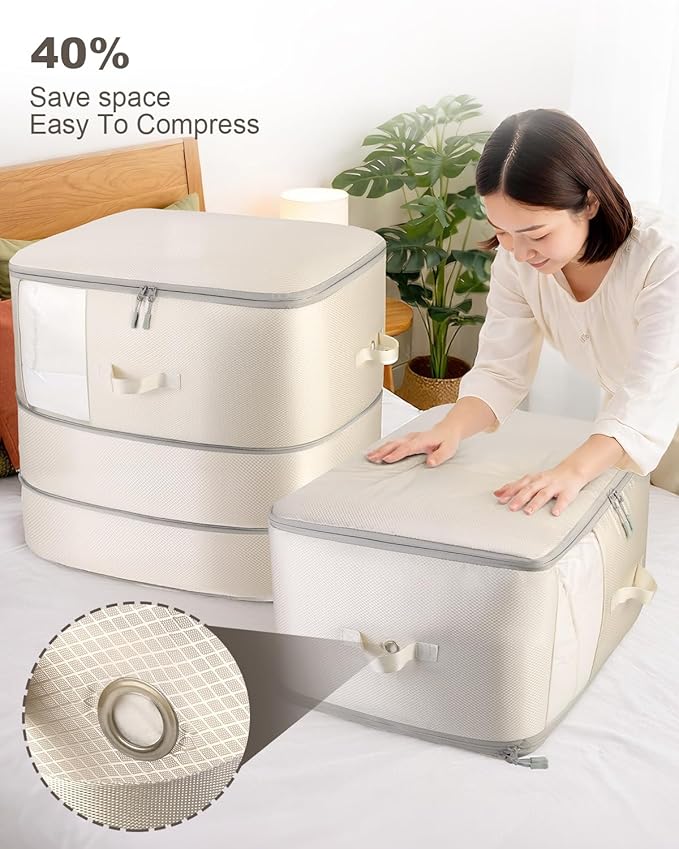 Comforter Storage Bag - 3-Layer Self Compression Organizer, 4-Pack Closet Organizers and Storage, Under Bed Space Saver, Blanket Organizer for Bedding, Pillow, Sheet, Clothes, Nursery Use