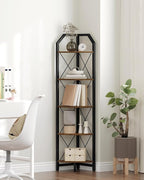 CHOEZON 59.4" Corner Shelf, 5-Tier Industrial Corner Bookshelf, Corner Storage Stand, Plant Stand Display Shelf, Bookcase for Bedroom, Living Room, Home Office, Rustic Brown and Black TCJ10BF