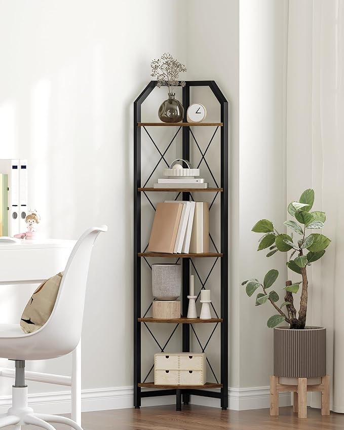 CHOEZON 59.4" Corner Shelf, 5-Tier Industrial Corner Bookshelf, Corner Storage Stand, Plant Stand Display Shelf, Bookcase for Bedroom, Living Room, Home Office, Rustic Brown and Black TCJ10BF