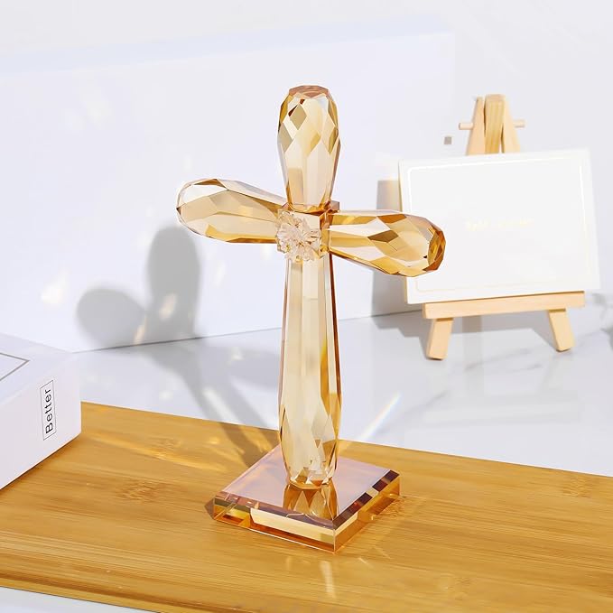 YWHL Champagne Crystal Standing Cross Figurine, Religious Gifts for Women Men, Handmade Glass Holy Easter Cross Collectible Figurines Decoration, Christian Cross for Home Office Decor