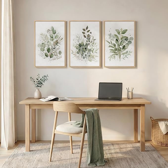 Framed Botanical Wall Art for Living Room, 3 Piece Neutral Sage Green Eucalyptus Leaf Canvas Prints, Modern Minimalist Watercolor Plant Pictures for Dining Room Bedroom Office Wall Decor, 16x24 inch