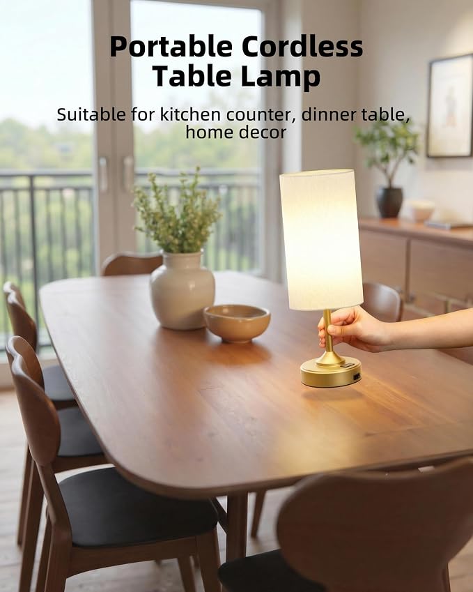 Cordless Lamp, 2-Pack, Dimmable, Ambient Light, 2700K, Timer, Touch Control, Portable, LED, Battery Operated, Rechargeable, Wireless, Desk Lamp, Kitchen Lamp, Fabric Shade, for Bedroom, Living Room