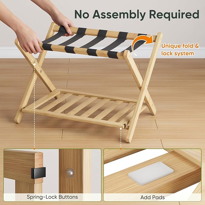 Fully Assembled Bamboo Luggage Rack, Heavy Duty Folding Suitcase Stand with Storage Shelf, Guest Room Essentials, Ideal for Bedroom, Hotel, Natural