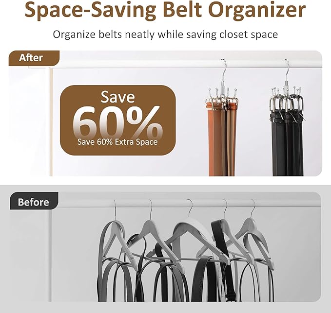ZEDODIER 2 Pack Belt Organizer for Closet, Heavy-Duty Rotating Belt Hanger Rack Holds up to 48 Belts, Hanging Space Saving Metal Belt Holder for Closet Storage, Silver