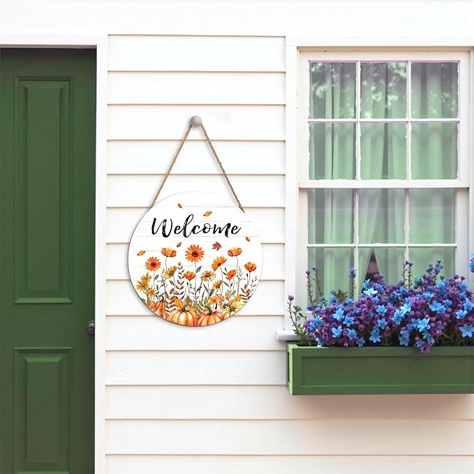 Fall Welcome Sign for Front Door Fall Floral Wooden Door Hanger 12x12 Inch Autumn Wreath for Outdoor Outside Porch Decor Farmhouse Flowers Welcome Hanging Sign for Home Wall Greeting Party