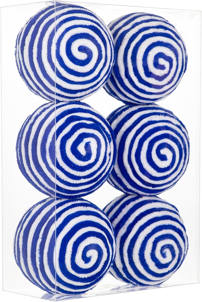 Briful 3.94'' Blue and White Christmas Ornament Balls, 6PCS Large Decorative Yarn Balls Xmas Tree Hanging Ornaments with Strings for Holiday Party Christmas Decor