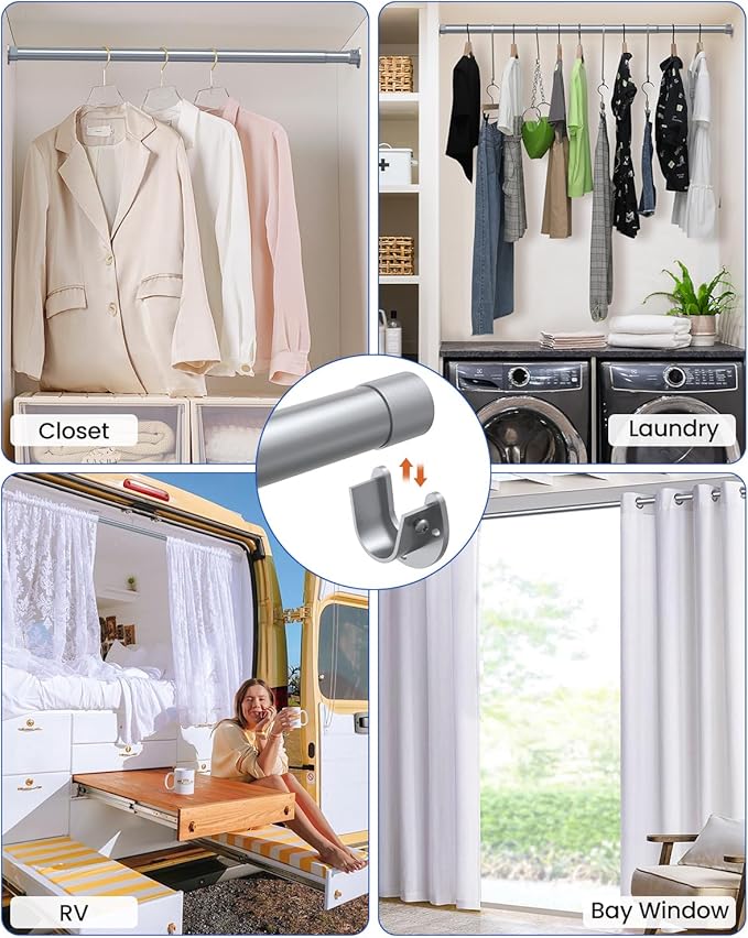 Closet Rods for Hanging Clothes, 17 to 28 Inches Stepless Adjustable Metal Closet Rod, 1.3 Inches Heavy Duty Clothes Hanging Rod for Closet Wardrobes Laundry RV, Silver