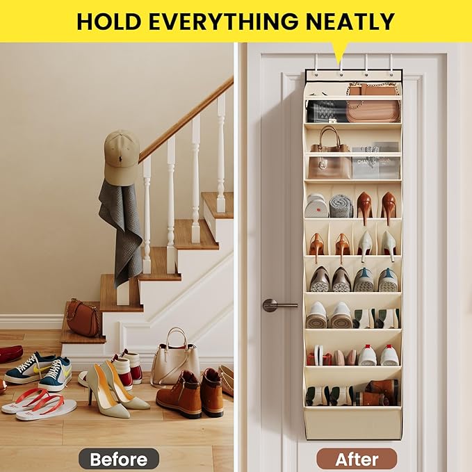 16-20 Pairs Over the Door Shoe Organizer, Clear Pockets Shoe Rack for Closet Door, Hanging Shoe Rack for Boots, Behind the Door Shoe Holder Fit All the Family's Sneakers, Boots, Heels, Beige