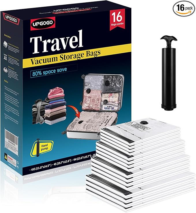 Travel Vacuum Bags for Luggage with Hand Pump,Vacuum Seal Bags for Clothing,Packing Cubes Compression,Cruise Ship and Travel Essentials(Combo 16 Pack)