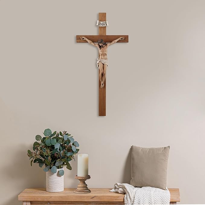 Crucifix Wall Cross - 14 Inch Olive Wood Wall Crucifix, Hand Painted Resin Jesus on Wooden Crucifix Catholic Home Decor Housewarming Religious Gifts