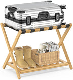 Bamboo Luggage Rack for Guest Room, Wide Suitcase Stand with Storage Shelf, Folding Luggage Stand Holder for Bedroom Hotel, 26.77" Thickened Luggage Rack for Suitcases, Natural