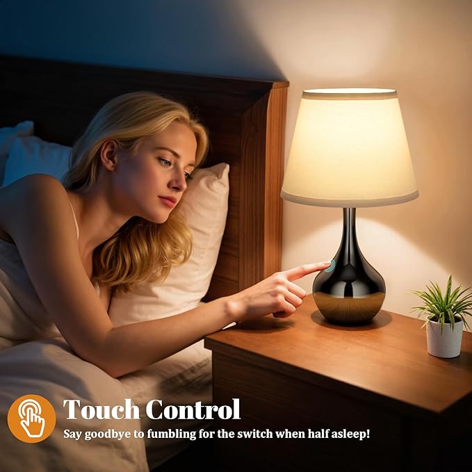 Seealle Touch Table Lamp for Bedroom, 3-Way Dimmable Small Bedside Lamps for Night Stands with Wires, Gloss Black Desk Lamp for Kids Room, Office, Living Room, End Table(LED Bulb Included)