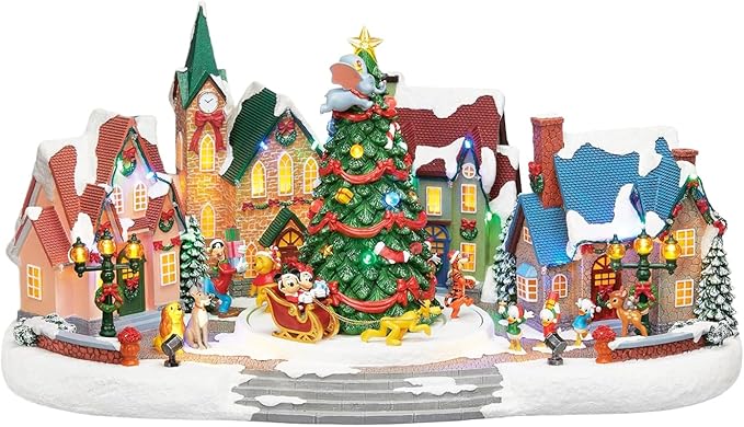 MOMENTS IN TIME Animated Disney Holiday Town Scene 10.5” Christmas Tree Christmas Village, LED Lights, Music & Motion Handcrafted Polyresin Village Power Adapter Included