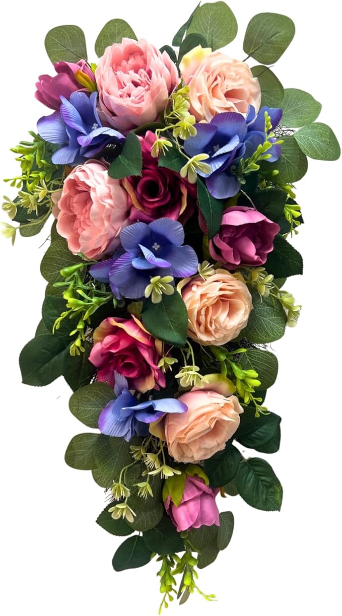Svndlyn 24 Inch Pre-lit Peony & Rose Floral Swag for Front Door - Teardrop Spring Wreath with Timer, 20 LED Lights, Pink & Purple Vertical Wall Decor for Front Door,Wedding (Battery Operated)