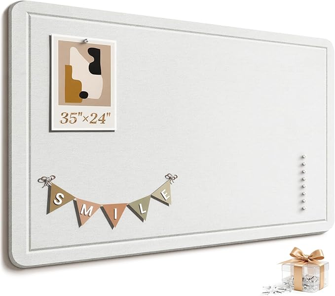 Large Bulletin Board, 35 X 24 Inches Felt Cork Board with 40 Pushpins, Foldable Felt Notice Pin Board Photo Display Board with Self-Adhesive Tape for Office Home School (White, 35x24 inch)