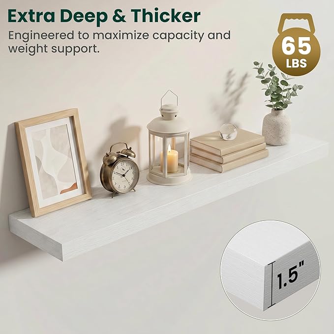 Floating Shelves for Wall 48 in x 9.3 in Deep, Wall Mounted Rustic Wood Shelf with Invisible Brackets for Storage & Display, Living Room Bedroom Bathroom, White, 2 Pack