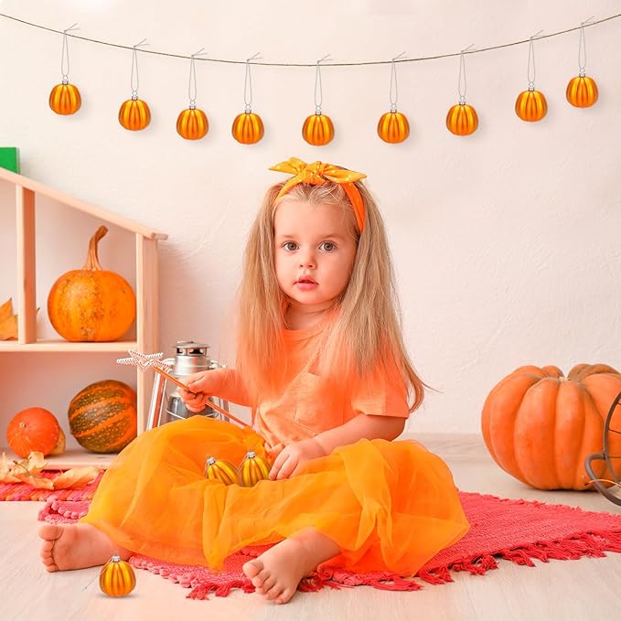 12 Pcs Orange Pumpkin Ornaments Fall Mini Pumpkins Ball Hanging Tree Ornament for Thanksgiving Harvest Home Party Decorations
