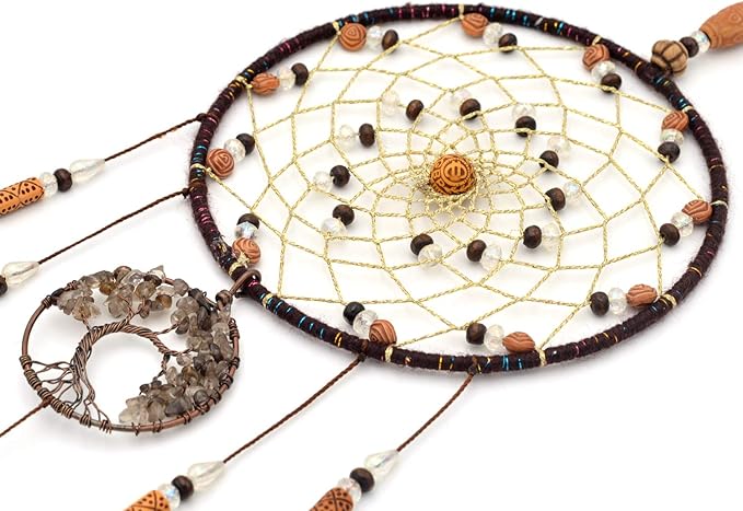 Urdeoms Tree of Life Crystal Dream Catchers for Boys Brown Boho Dream Catcher Wall Decor for Bedroom Adult Smoky Quartz Hanging Decor for Dorm Living Room(NO.10)