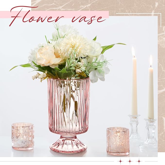 6 Pcs (H:7" W:4") Embossed Flower Vase Pedestal Glass Vase Big Base Thickened Crystal Vintage Vases for Valentines Day Wedding Home Decor Table Centerpiece House Warming Gifts(Pink)