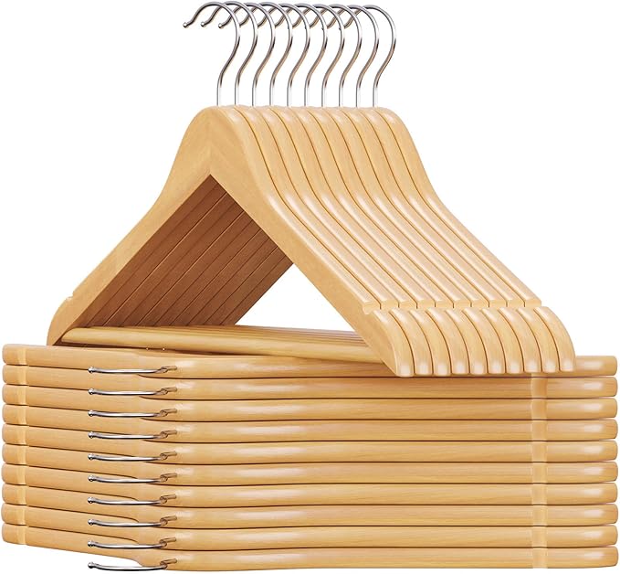 SONGMICS Solid Wood Hangers, 20-Pack Coat Hangers with Shoulder Notches, Pants Bar, 360° Swivel Hook, Non-Slip for Jackets, Shirts, Dresses, Natural UCRW001-20
