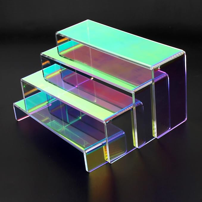 ELEGANTLIFE Acrylic Display Risers Set of 4, 4-Level Tiered Display Stands for Cupcakes, Small Figures & Jewelry, Compact Countertop Display Shelf, Multiple Colors Available (Iridescent)