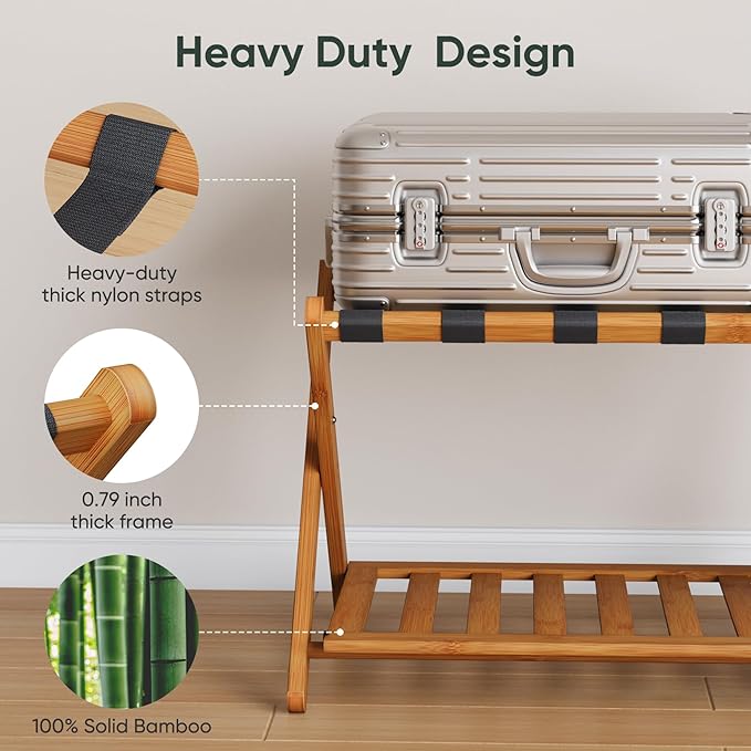 Fully Assembled Bamboo Luggage Racks, Foldable Suitcase Stand with 5 Nylon Straps, Luggage Stand with Shoe Shelf Ideal for Guest Room, Bedroom, Hotel, Honey Oak