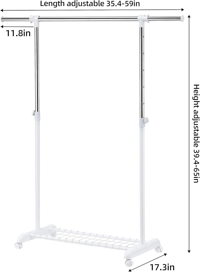 LiaMeE Adjustable Clothing Rack for Hanging Clothes, Heavy Duty Garment Rack with Wheels，Free Standing Rolling Clothes Rack with Shelf & Grid, Easy Assembly Standard Rod, White & Chrome