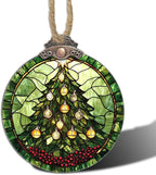 DASTOLL Stained Glass Christmas Decorations, Golden Bell Red Berries Suncatcher for Window Christmas Tree Hanging Ornaments Green Sun Catcher Xmas Decor Gifts for Women Men Mom Nana Friend