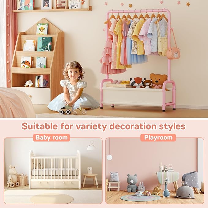 Kids Clothing Rack with Storage Shelf, Kids Dress Up Storage for Coats, Small Baby Garment Rack for Hanging Clothes, Toddler Wardrobe Closet Organizer (Classic, Pink)