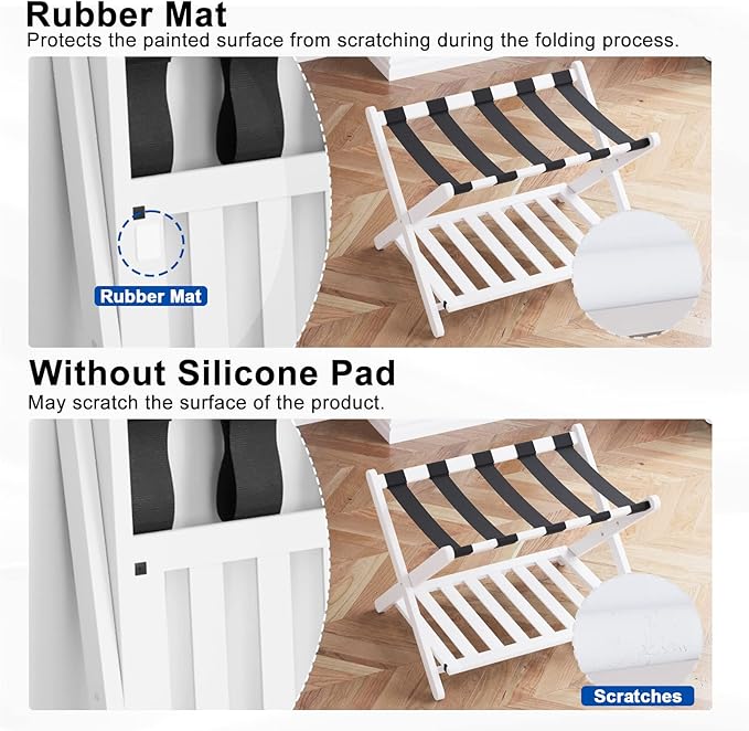 Smuxee Fully Assembled White Luggage Rack Pack of 2, Bamboo Foldable Suitcase Stand with 5 Nylon Straps, Luggage Holder with Shelf for Guest Room Bedroom Hotel