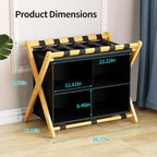 Natural Bamboo Luggage Rack with 4 Storage Compartments ，Foldable Suitcase Stand, Luggage Rack for Guest Room , 150lbs Capacity, Sturdy,