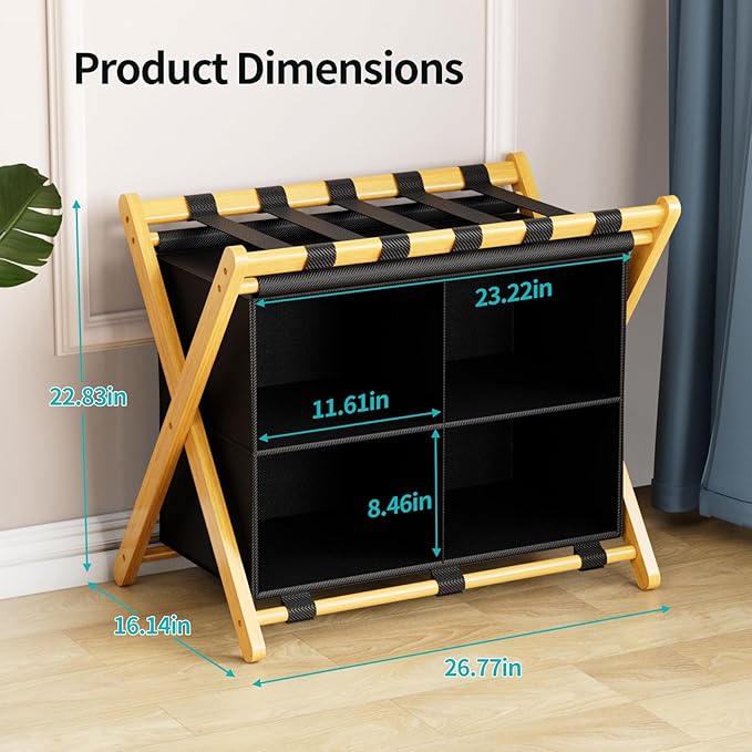 Folding Luggage Rack, 2-Pack Natural Bamboo Suitcase Stands with 4 Storage Compartments , Sturdy Luggage Holders for Guest Room, Bedroom, Hotel