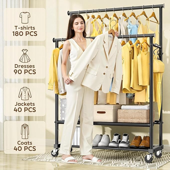 Clothes Rack with Double Rod for Hanging, Heavy Duty Clothing Rack Load 350 LBS with Lockable Wheel, Free Standing Garment Rack with 2 Shelves and Side Hooks for Home Commercial (Dark Grey)