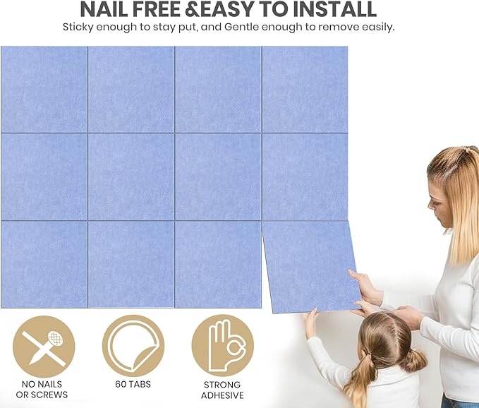 Large Cork Board Alternative 36" X 24" Bulletin Board - 6 Pack Removable Felt Wall Tiles with 20 pushpins, Large Cork Boards for Walls Cork Board for Office Pin Board Tack Board - Soft Periwinkle
