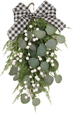 BestAlice 19.7 Inch Eucalyptus Swag with Bow, Wall Hanging Greenery Teardrop Wreath, Artificial Green Leaves Wreaths Decorative for Front Door Farmhouse Decor