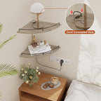 JJL Corner Shelf Wall Mounted, 12 Inches 2-Tier Floating Corner Shelf, Fan-Shaped Rustic Wood Decor with Fence, Gray Wood Grain Floating Shelves for Apartment Bedroom Kitchen Bathroom