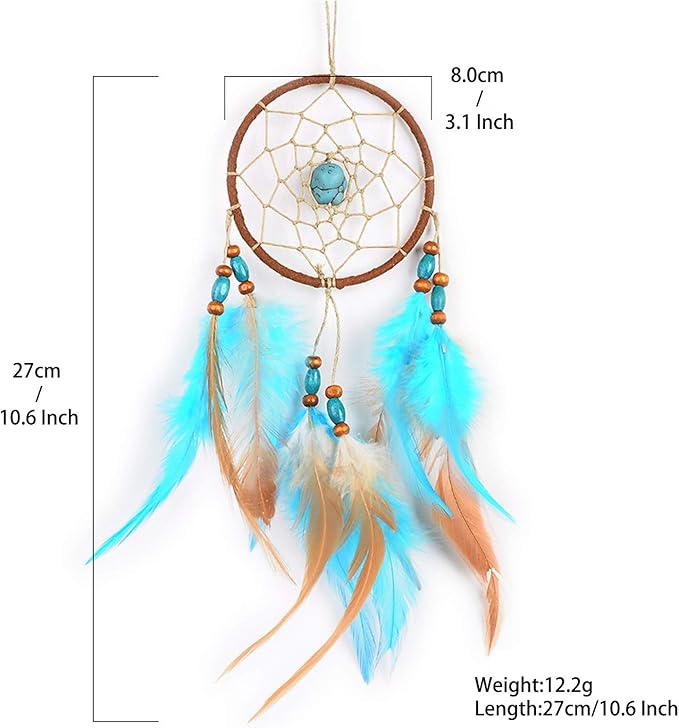 Feather Dream Catcher Pendant, Small Car Charm for Wall, Bedroom Hanging Decorations (Blue)