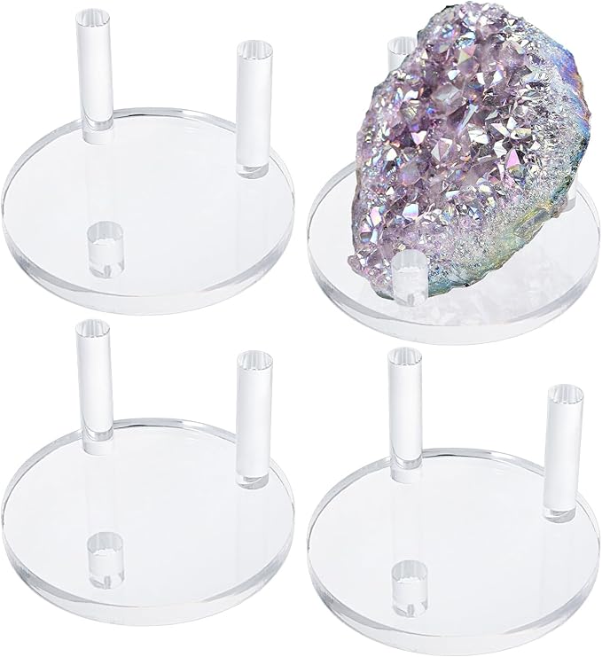 Hipiwe Clear Acrylic Display Stand - Three-Peg Display Easel Stands for Fossil Coral Geodes Rock Mineral Agate,Large Crystal Display Stand with Round Base, Set of 4