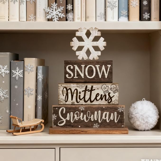 Moucuny 4 Pcs Winter Table Decorations Wooden Snowflake Decor Christmas Tiered Tray Decor Rustic Decorative Snowflake Block Sign Gift Winter Table Centerpiece for Wonderland Party Home Kitchen