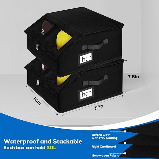 Hat Storage for Baseball Caps-Holds Up to 24 Caps, Hat Organizer for Closet Stackable Hat Box with Cardboard, Dustproof Baseball Cap Organizer with 2 Handles for Home Travel (Black, 1 Pack)