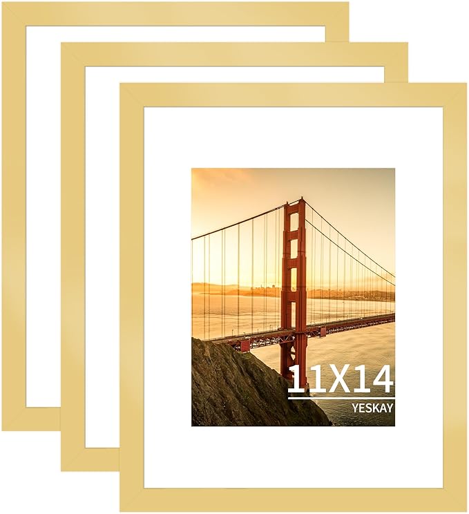 11x14 Picture Frame 3 Pack - Gold Poster Frame Display Pictures 8x10 with Mat or 11 x 14 Without Mat for Wall Hanging Horizontal and Vertical