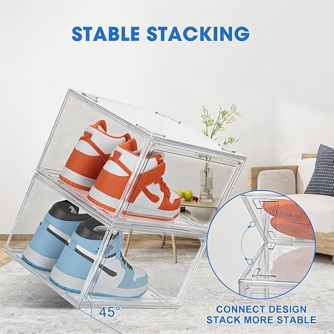 HIYOHIYO 2-Pack Acrylic Clear Stackable Shoe Boxes, 360 Clear Acrylic Display Shoes Boxes, Fully Transparent Display Box with Magnetic Door, Clear Shoe Storage Boxes Stackable, Size 14