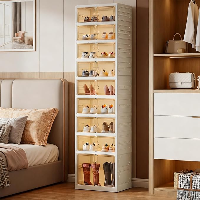 9 Tiers 18 Pairs Foldable Shoe Rack Organizer, Collapsible Shoes Storage Cabinet with Magnetic Doors, No Assembly, Stackable Tall Free Standing Shoe Rack for Closet, Entryway, Living Room