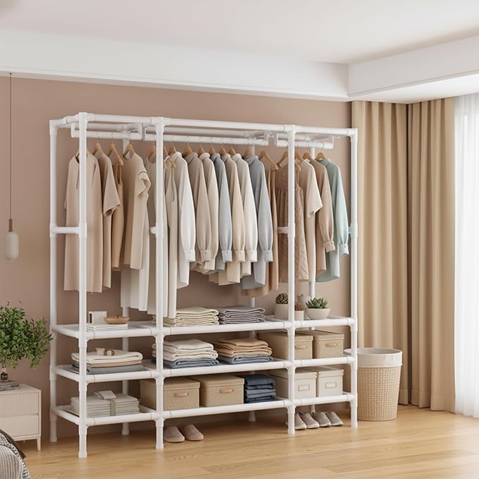 Portable Closet,Garment Rack,Heavy Duty Clothes Rack with Cover,Wardrobe Closet with 3 Hanging Rods, 9 Storage Shelves,55.1" L x 17.7" W x 67.7" H,Pale Yellow