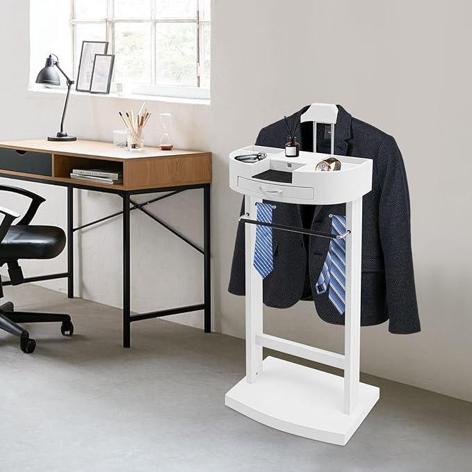 Wood Suit Valet Stand, Valet Stand for Men with Tray and Anti-slip Trouser Rack, Mens Valet Stand for Office, Living Room, Bedroom, White