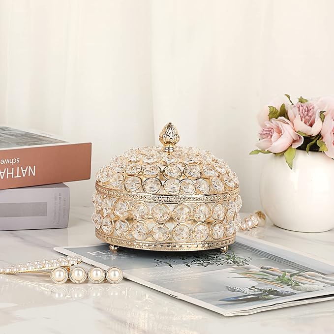 Hipiwe Crystal Jewelry Box Jewelry Trinket Organizer Box Gold Treasure Box Luxury Home Decor Ring Earrings Storage Holder Keepsake Box for Women,X-Large