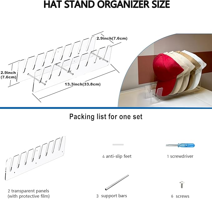 Hat Stand Organizer for Baseball Caps, Acrylic Hat Holder & Rack, 7PCS Clear Stand for 56 Caps, Ideal for Bedroom, Closet, Dresser, Office and Entrance (7)