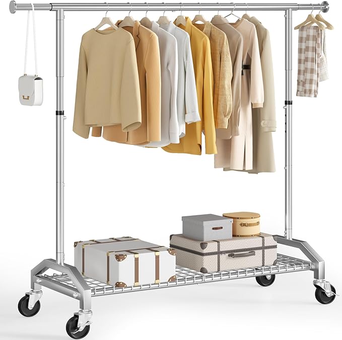 Clothes Rack for Hanging Clothes 350lbs Heavy Duty Clothing Rack 51 to 71" W x 16.53" D x 65" to 71" H Adjustable Rolling Clothes Rack Coat Rack Garment Rack 3" industrial Wheels Silver