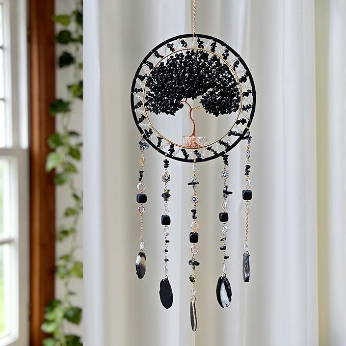Tree Life Dream Catcher and Sun Catcher, Handmade Healing Crystal Boho Window Hanging for Home Decor, Rainbow Maker Wall Decor, for Women, Housewarming (Black)